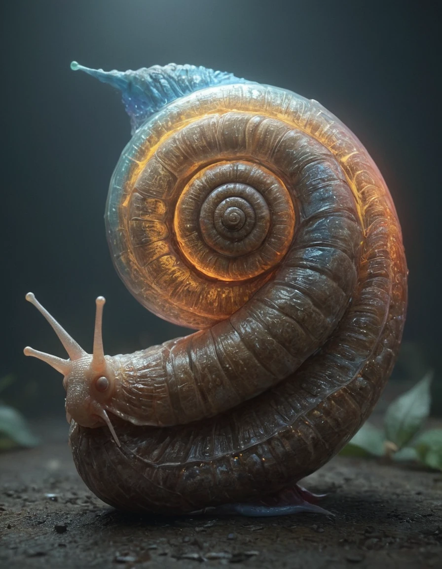fantasy glowing colorful snail spiral, blinking, highly detailed, photorealistic, complex structure, many details,,