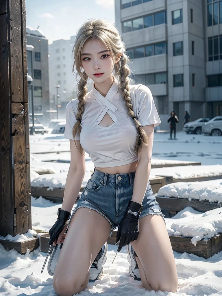(8K,original photo,Top quality,masterpiece:1.2),(realism,摄影realism:1.37),Ultra Detailed,Ultra-high resolution,Wearing white short-sleeved shirt with exposed belly,Blue denim super shorts,Beautiful ass,Hourglass figure,Wearing black tactical gloves,sports shoes,blond,blond hair,Close-up of girl with two braids kneeling on snow,Snowfield background,winter,heavy snow,Full body close-up,Facing the audience,Smile,There are many people around,Crowds in the distance,Exploded buildings,Huge explosion,燃烧的fire焰,White skin,Smooth skin,Extremely beautiful face,dynamic,angle,dynamic照明,(Possession of weapons,持有步gun,Purpose,Purpose:1.2),gun,H&k hk416,马gun,fire