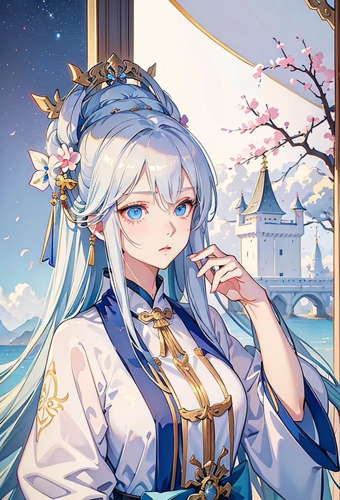 Anime girl with long white hair and blue eyes in the city, White-haired God, Beautiful anime portraits, Detailed portrait of an anime girl, Perfect white hair girl, Beautiful Anime Girls, Beautiful Anime Women, White Hair Girl, Cute Anime Girl Portrait, palace , Girl in Hanfu, From Girls Frontline, guweiz on pixiv artstation, ”Beautiful Anime Women