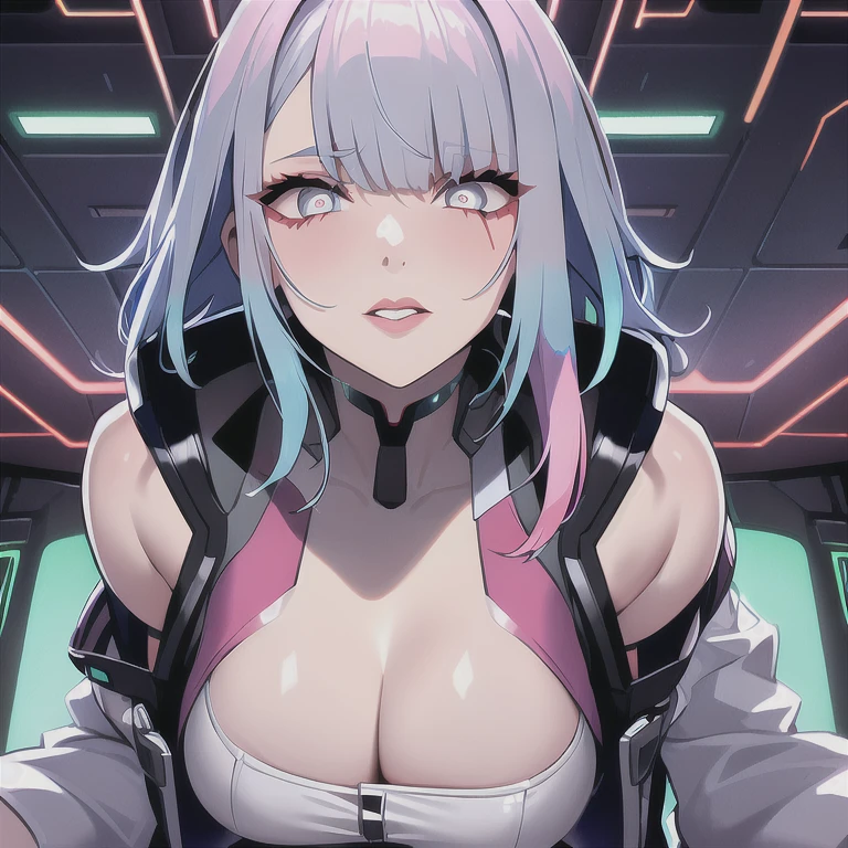 lucy \(cyberpunk\), 1girl, bangs, blue hair, colored tips, grey eyes, jacket, long sleeves, looking at viewer, medium hair, face portrait, multicolored hair, hair flying upwards, parted lips, parted bangs, (crazy eyes), eyes open wide, half face, pink hair, portrait, red eyeliner, red lips, solo, white jacket, cyberpunk \(series\), cyberpunk edgerunners
