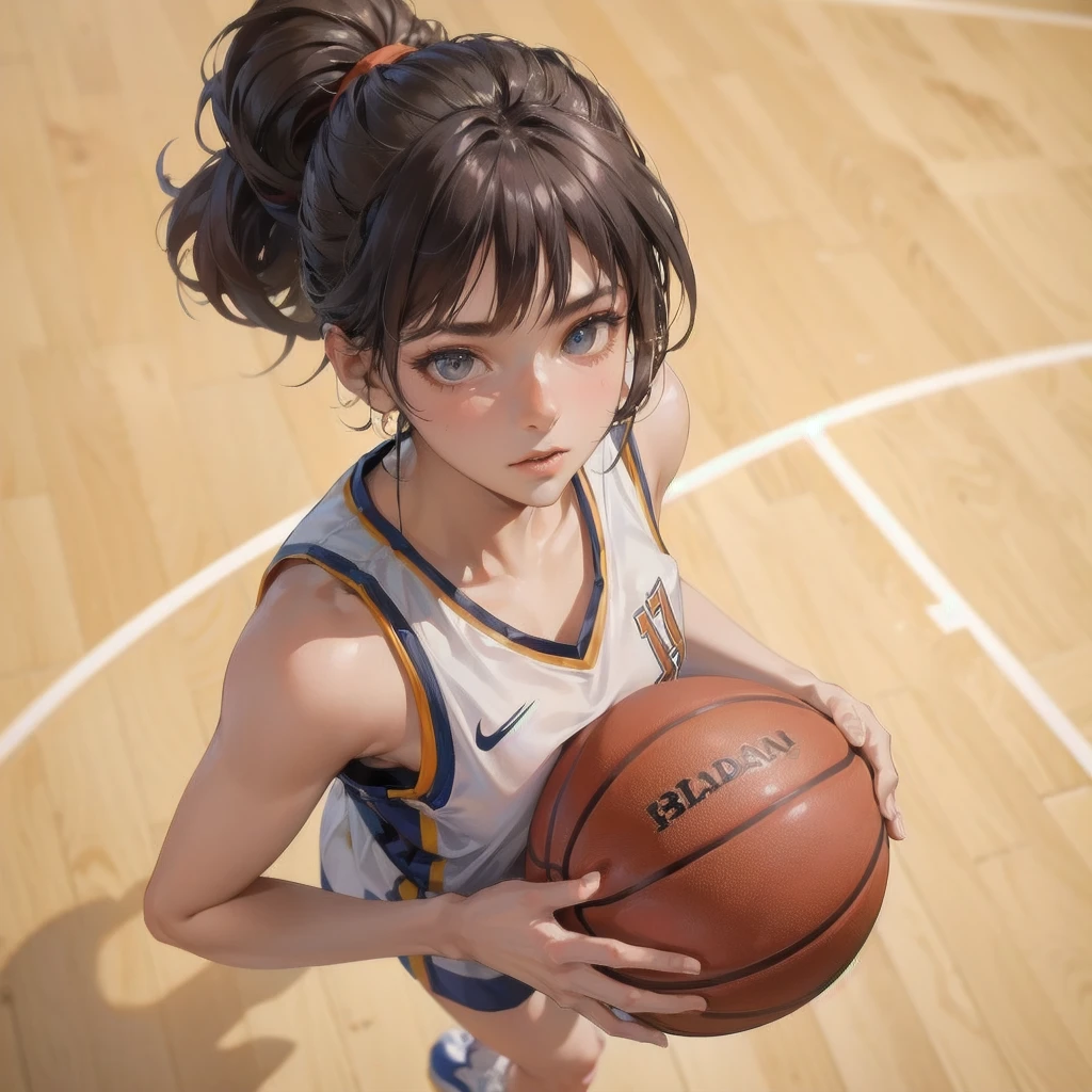masterpiece, (textured skin), best quality, gorgeous beautiful girl, (a female basketball athlete), detailed clothes,large breasts,narrow waist,, (beautiful face), cinematic lighting, (at basketball venue ),