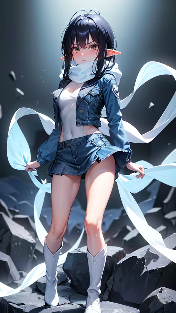 high resolution,8K],Rocky area deep in the mountains。Elf Girl。Black Hair、Shortcuts。((Blue jeans mini skirt))、((Blue denim jacket))、((White scarf))、White boots。He is taking a karate stance and glaring at his opponent.。(((Surrounded by enemies wearing black body suits)))。