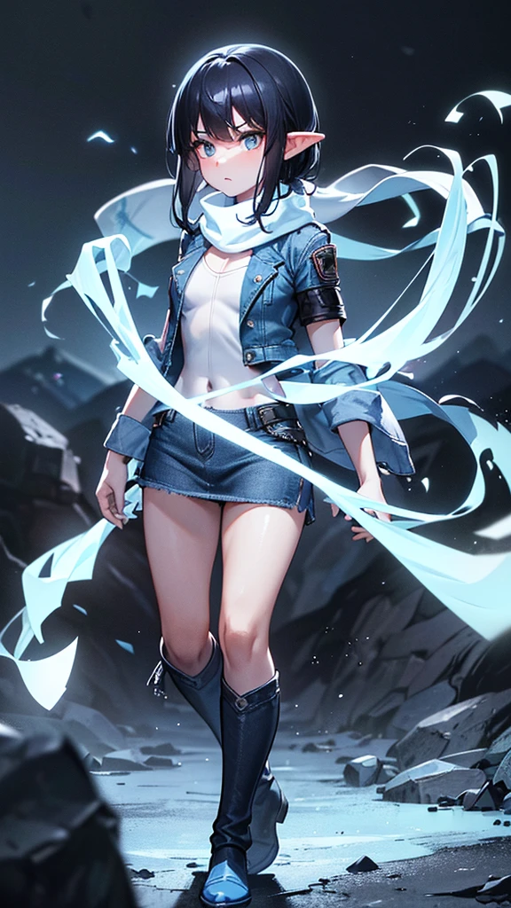 high resolution,8K],Rocky area deep in the mountains。Elf Girl。Black Hair、Shortcuts。((Blue jeans mini skirt))、((Blue denim jacket))、((White scarf))、White boots。He is taking a karate stance and glaring at his opponent.。(((Surrounded by enemies wearing black body suits)))。