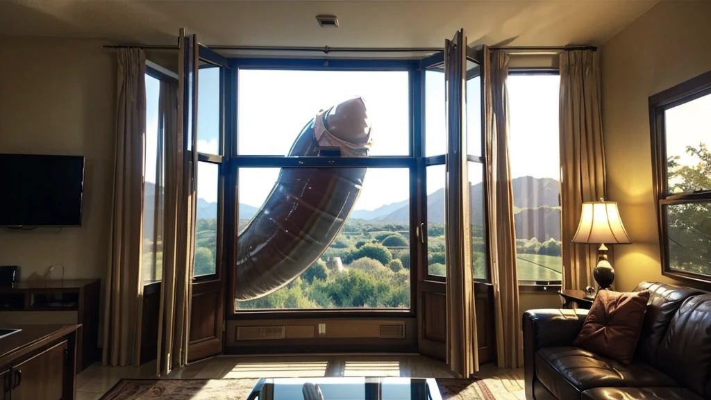 general shot of a large window from which you can see a penis creature, which is entering a living room through the window, in the distance you can see penis-shaped spaceships