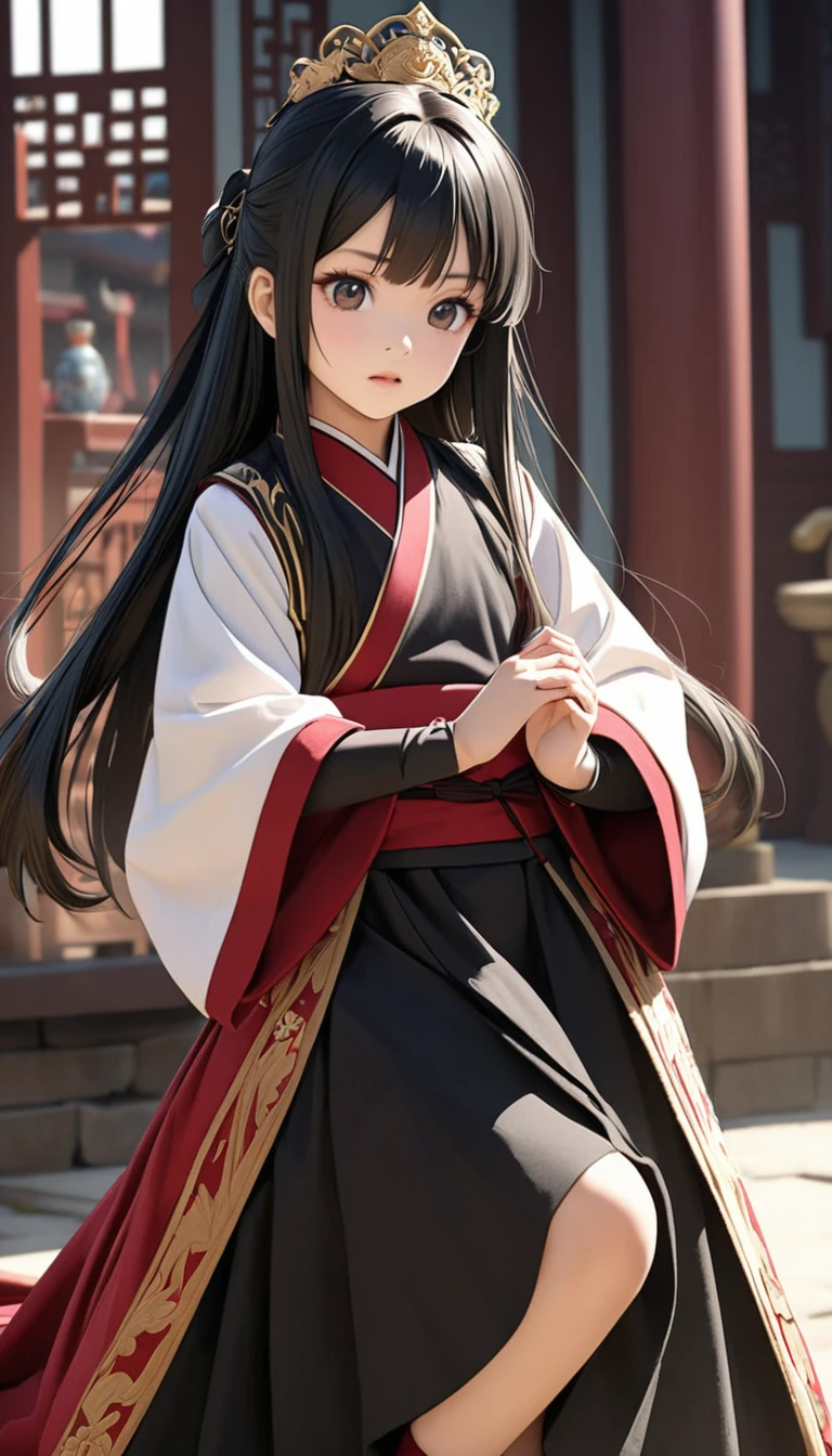 A tragic historical drama in 8k live-action style: Beautiful palace secrets Beautiful Chinese Kung Fu Princess with long black hair is forced to hold the Emperor's penis Breast milk overflows from the nipples Gorgeous embroidery, Ultra glossy, She is wearing a shiny red top and bottom long sleeve floral pajama kung fu suit.... She looks distressed