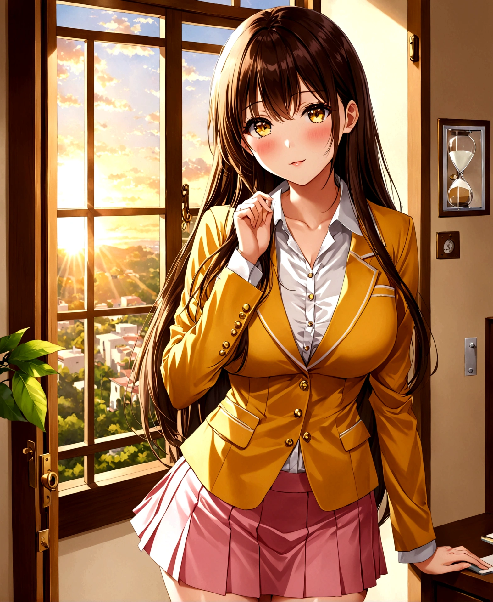 In a private school for women, a beautiful female student, in the dormitory, in her room, with her back to the door, stroking her hair with her fingers, winking, blushing, looking at the viewer, slightly hunched back, simple decoration, feminine atmosphere, sunset, sunlight penetrating through the window, /(extremely long straight hair, almond-shaped eyes, hourglass-shaped athletic body, large breasts, medium hip, medium waist, shapely legs, perfect fingers, Greek nose, perfect hands, triangular face,), /(uniform: white V-neck blouse long sleeve, pink pleated mini skirt, yellow satin blazer with gold buttons, yellow thigh-high stockings held up by garters,),