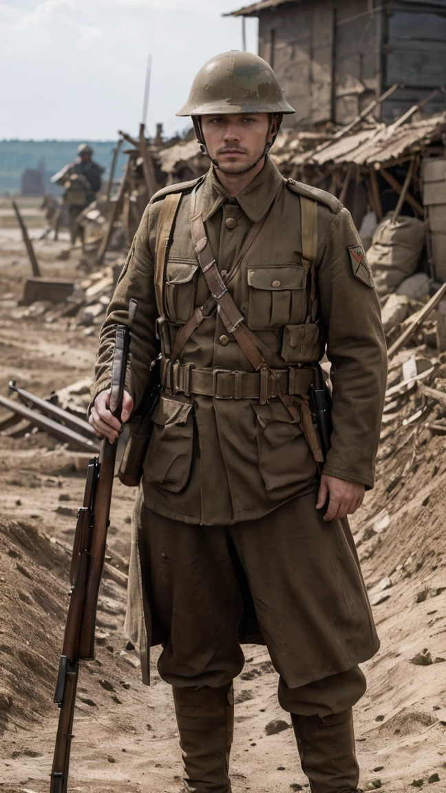 (masterpiece), best quality, expressive eyes, perfect face, All quiet on eastern Front, man, sandbags, dirty, uniform, realistic, HD, Rifle, Russian empire, Russian man, visor cap, Tannenberg, imperial, full body, shawl