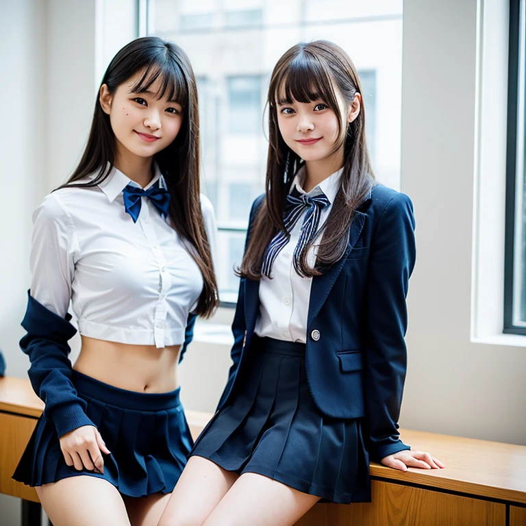 2 girls in classroom near window,white sailor shirt with ref bow tie,navy blue garter belt,no panties,red bow tie,18-year-old,bangs,a little smile,thighs,knees,straight hair with barrette,from below,front-lighting