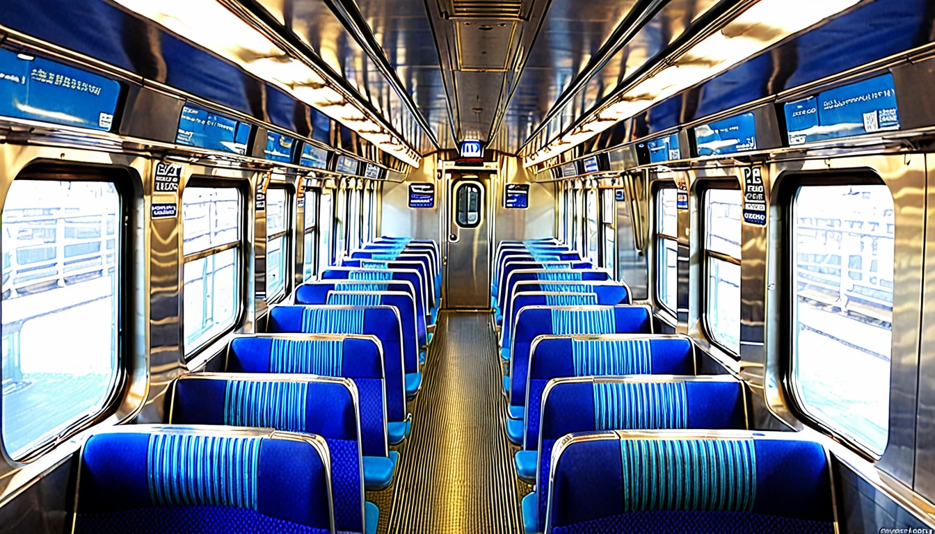 Arabian style view of a train with blue seats and windows, subwayの車内, Inside the train, interior, I sat on the train, interior photograph, subway, completely empty, interior of a small, subwayで, interior view, interior of staten island ferry, Tokyo is futuristic and clean, inside an underwater train, platform