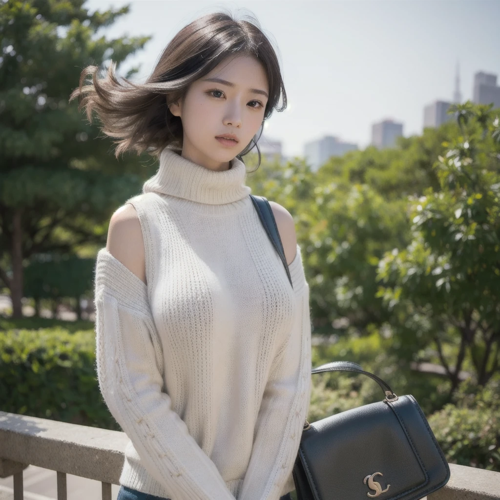 (huge tit、Turtleneck Knitwear、Shoulder bag)、(highest quality,masterpiece:1.3,超A high resolution,),(super detailed,caustics),(Photoreal:1.4,RAW shooting,)ultra-realistic capture,very detailed,High definition 16K for human skin、 Natural skin texture、、Skin looks even-toned and healthy、 Use natural light and color,one woman,25 years old Japanese,,cute,black haired,middle hair,(Depth of the bounds written、chromatic aberration、、wide range of lighting、natural shading、)、(hair swaying in the wind:1.2)、Tokyo cityscape