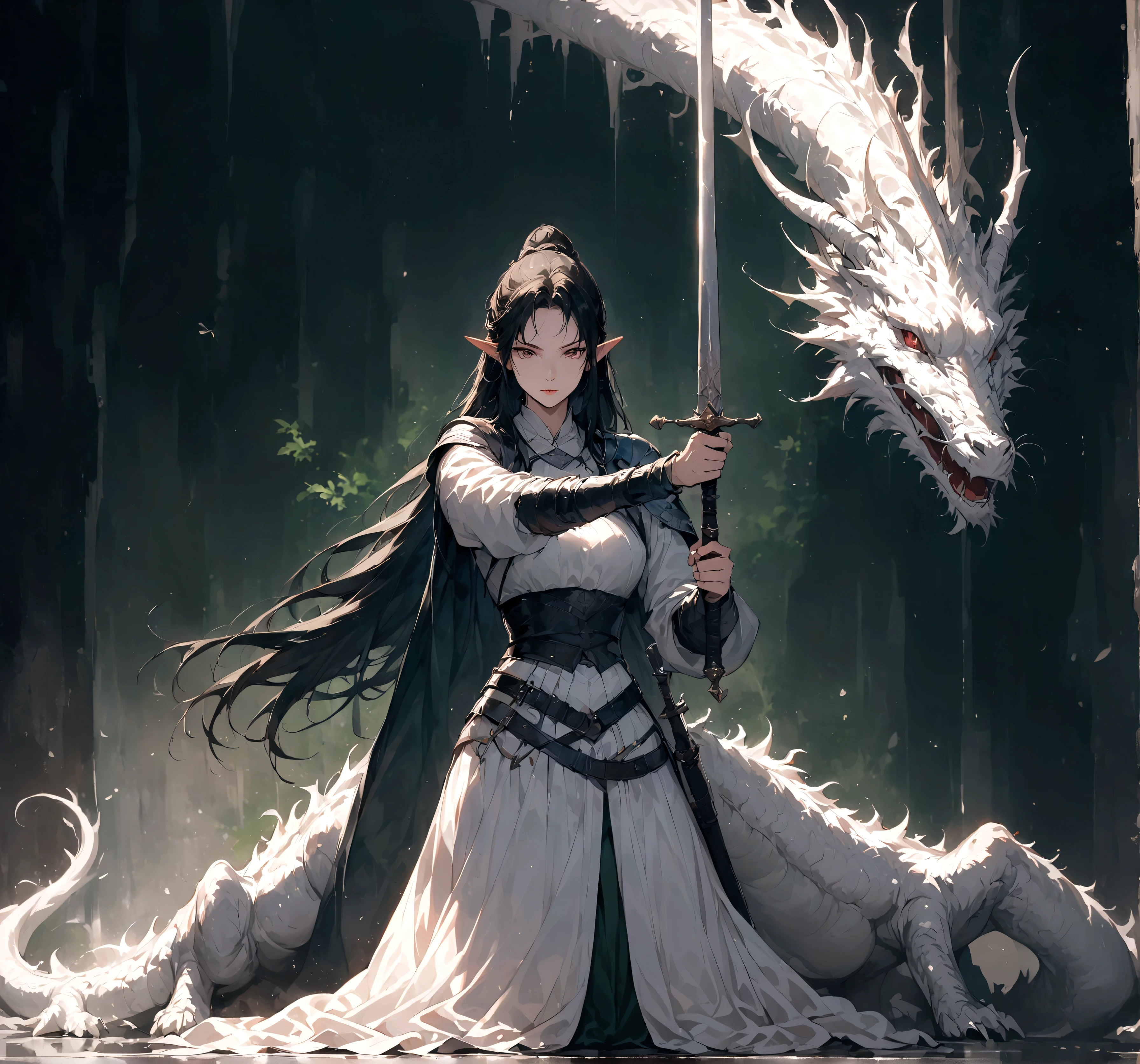 （HD), (masterpiece), (best quality), (Super detailed), (Best illustration), female elf warrior, whole body, middle Ages, Alone with the Dragon, dungeons and dragons,Offers vistas that capture grandeur and atmosphere。