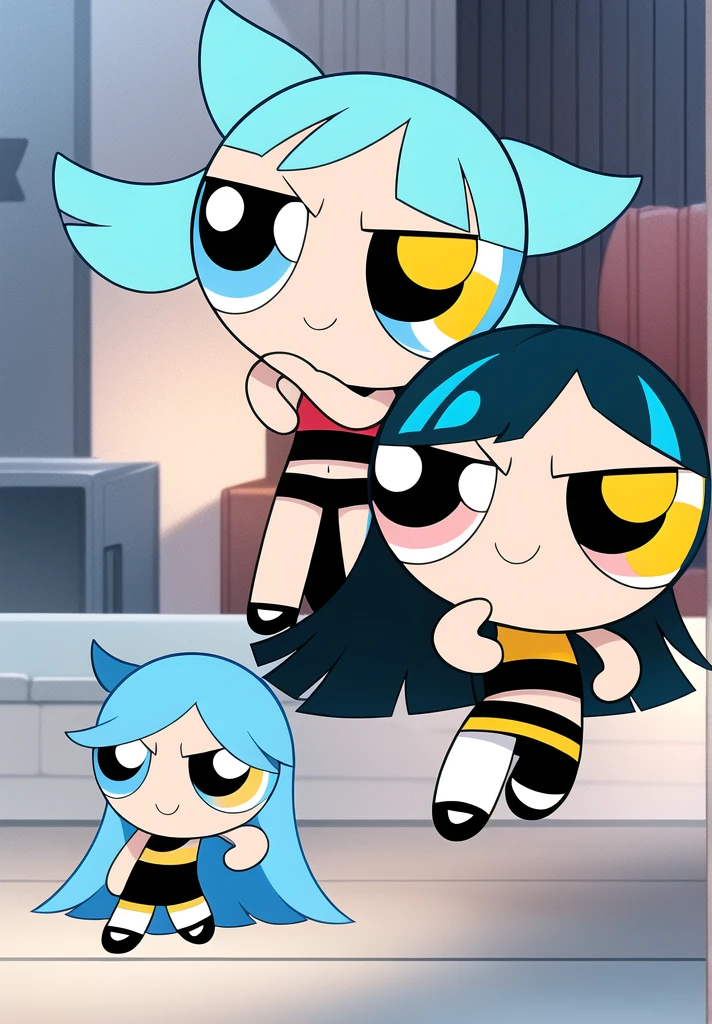 ((blue hair)), ((long hair)), smile, chibi, full body,1girl, (( yellow eyes )), Black short-sleeved shirt showing off your stomach, black shorts