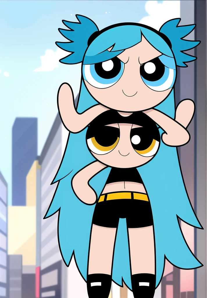 ((blue hair)), ((long hair)), smile, chibi, full body,1girl, (( yellow eyes )), Black short-sleeved shirt showing off your stomach, black shorts