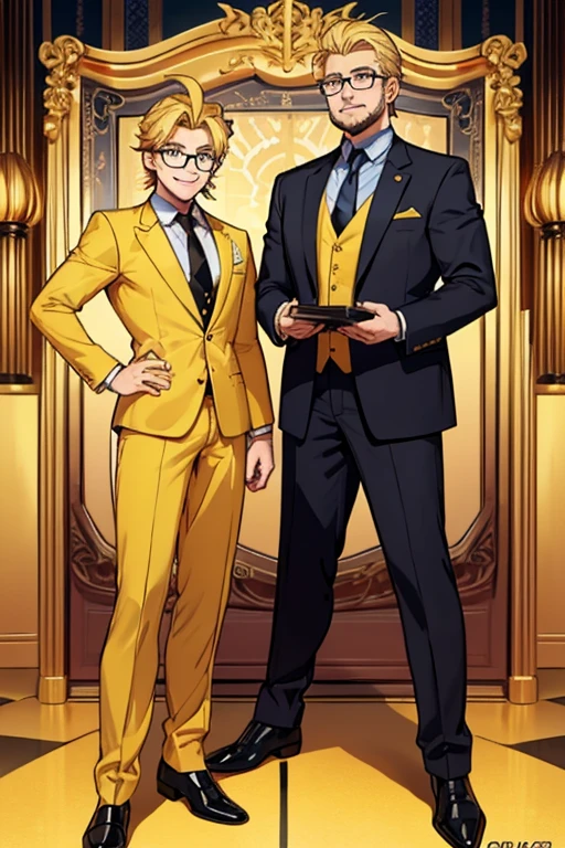 male, blonde hair, blue eyes, trimmed goatee, (((1boy))), (((golden yellow business suit))), (golden yellow pants), (black dress shirt), (brown necktie), (black dress shoes), (glasses), older man, lion ears on head, smiling, single person