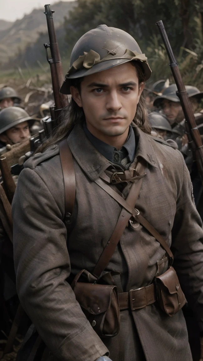 (masterpiece), best quality, expressive eyes, perfect face, All quiet on western Front, man, trenches, dirty, uniform, realistic, HD, Rifle, Orlando Bloom, big bag