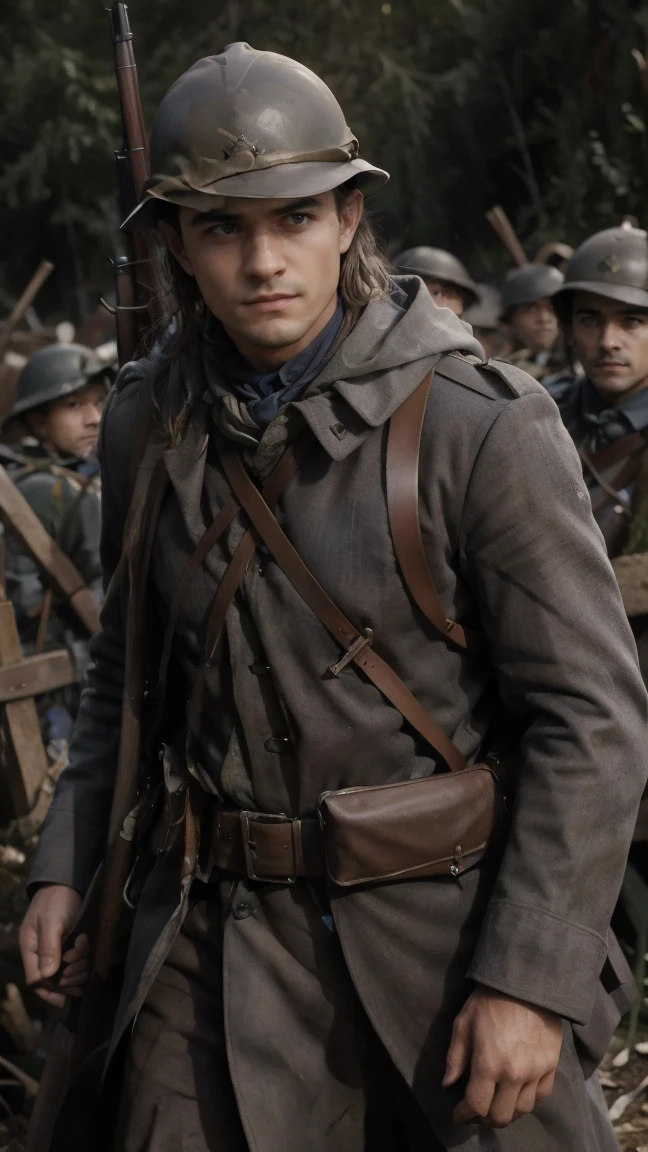 (masterpiece), best quality, expressive eyes, perfect face, All quiet on western Front, man, trenches, dirty, uniform, realistic, HD, Rifle, Orlando Bloom, big bag
