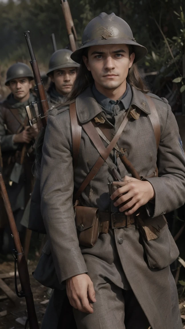 (masterpiece), best quality, expressive eyes, perfect face, All quiet on western Front, man, trenches, dirty, uniform, realistic, HD, Rifle, Orlando Bloom, big bag