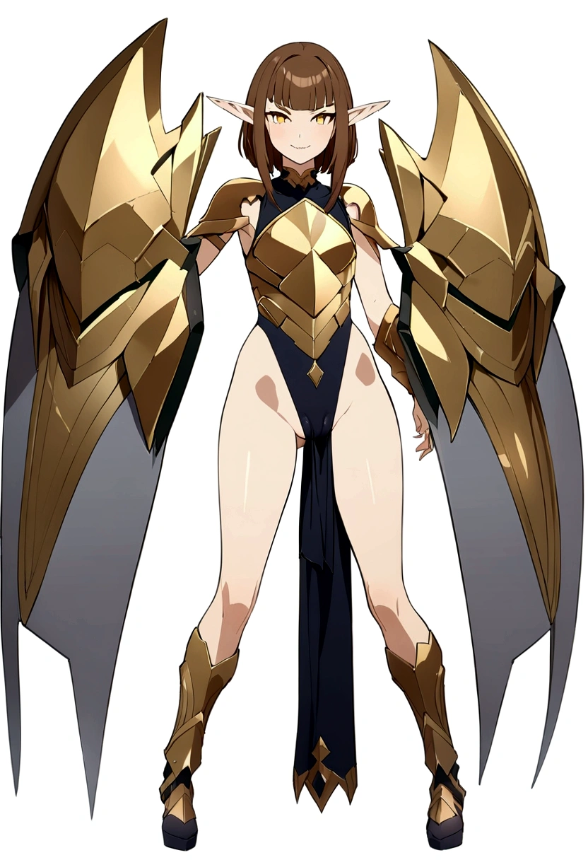 1masterpiece, perfectly detailed, 8k quality, ((full body)), standing, legs apart, anime style. 1girl, solo, elf girl, only elf ears, warrior, only armored leotard, pelvic curtain leotard, exagerated hips bones, ((partially visible vulva)), pull leotard. Long brown hair, hime cut, golden eyes, mischievous smile, fangs, sharp teeth, mischievous look. White background.
