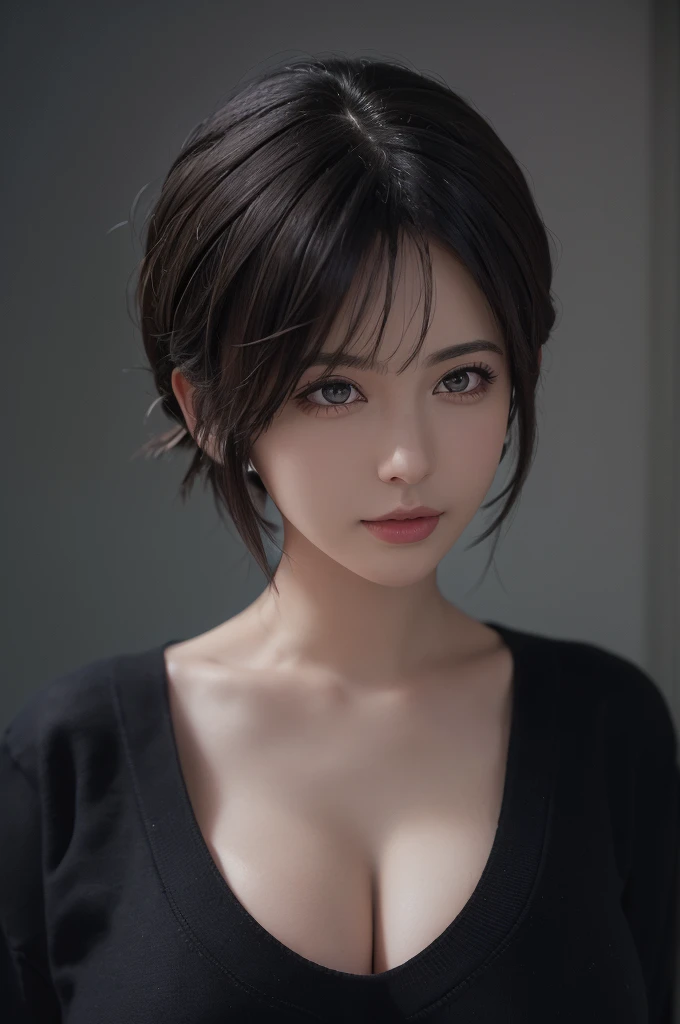 (masterpiece:1.3), (8K, Realistic, RAW Photos, Highest quality: 1.4), (One girl), Beautiful Face, (Realistic Face), (Black Hair, short hair:1.3), Beautiful hairstyle, Realistic eyes, Beautiful attention to detail, (Realistic Skin), Beautiful Skin, (sweater), Absurd, Charm, Ultra-high resolution, Ultra-realistic, Very detailed, Golden Ratio,(Huge boobs: 1.2),