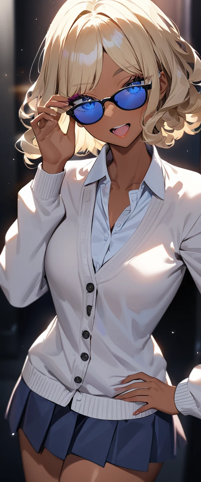 (((One girl))), ((tanned skin:1.3)), blond hair, inwardly curled hair, ((sunglasses, hand to sunglasses)), open mouth, stick out tongue, ((one hand on hip)), ((bob cut:1.3, wavy hair)), full makeup, Eyeshadow, Mascara, breasts, (cowboy shot), standard body, (looking at viewer), collarbone, ((cardigan)), ((((school winter uniform, white unbuttoned shirt, skirt)))), (open collar), ((sleeves past wrists)), ager, head tilt:1.3, (((blue eye))), ((happy smile)), (((anime style))), (best quality, 4k, 8k, highres, masterpiece:1.2, ultra-detailed, ultra-detailed eyes, HDR, UHD, studio lighting, ultra-fine painting, sharp focus, physically-based rendering, extreme detail description, professional, vivid colors, bokeh), ((Highest quality, Best image quality, Ultra-high resolution, Ultra-high resolution, solo, Strong eye highlights)), Depth of written boundary, Natural soft light, attractive, Beautiful Face, Cleanliness, Pure Face, nedium chest, Beautiful Face, Perfect Fingers, Perfect hands, Perfect body, Perfect Face, Shine a light into your eyes, Perfect Anatomy