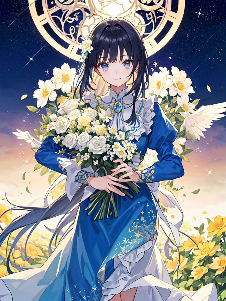 (​masterpiece、top-quality、illustratio、Extremely high quality、high-level image quality、Extremely sensitive writing)Girl with long  hair standing in beautiful flowery garden、A slight smile、She has a large bouquet、Cute national costume style dress with ruffles on the shoulders、Hair fluttering in the wind,(masterpiece, best quality:1.2), cute,(Woman of) unsurpassed beautyglitter background
Spectacular view
One beautiful girl in a thousand years,cute,chinedress