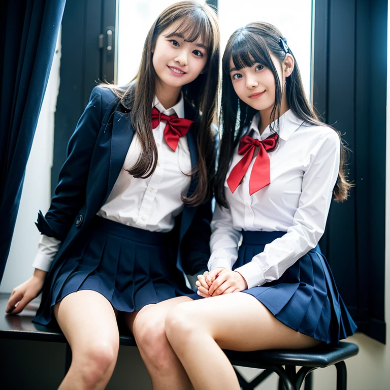 2 girls in classroom near window,navy blue blazer,white shirt with red bow tie,navy blue pleated skirt,navy blue knee-high socks,18-year-old,bangs,a little smile,thighs,knees,straight hair with barrette,from below,front-light