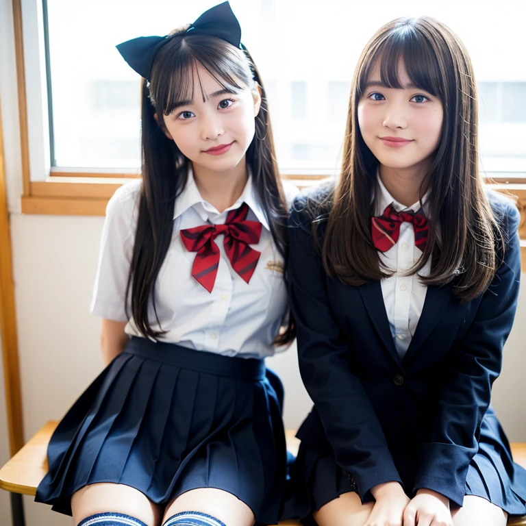 2 girls in classroom near window,navy blue blazer,white shirt with red bow tie,navy blue pleated skirt,navy blue knee-high socks,18-year-old,bangs,a little smile,thighs,knees,straight hair with barrette,from below,front-light