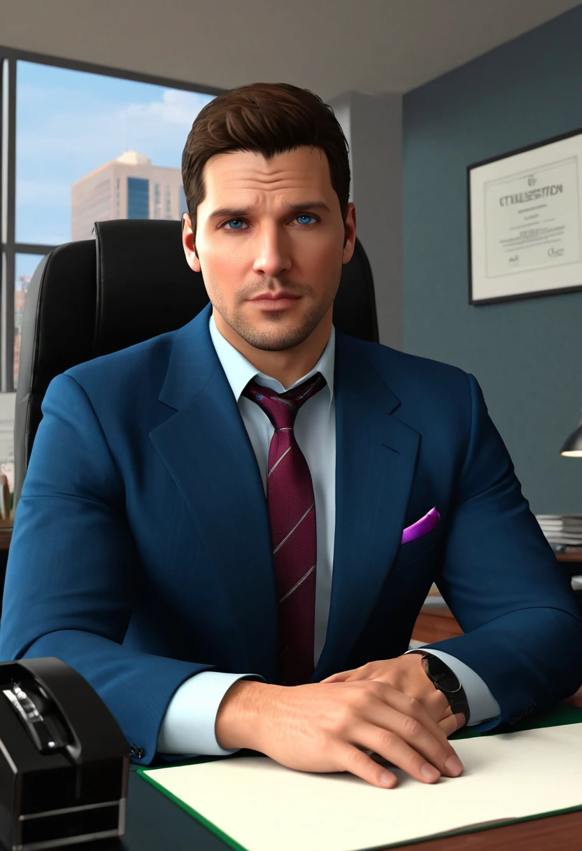 (8K), (Best quality) , (best details), (ultra realistic), (high resolution), (Masterpiece:1.2), (UHD), portrait, res, Robust construction,Vivid colors,Soft lighting, Subtle shadows, vibrant color palette. The office is filled with a buzz of activity as the businessman, tailored in blazer attire, sits at his desk, surrounded by cutting-edge technology. His eyes focused and looking at the laptop in front of him. 