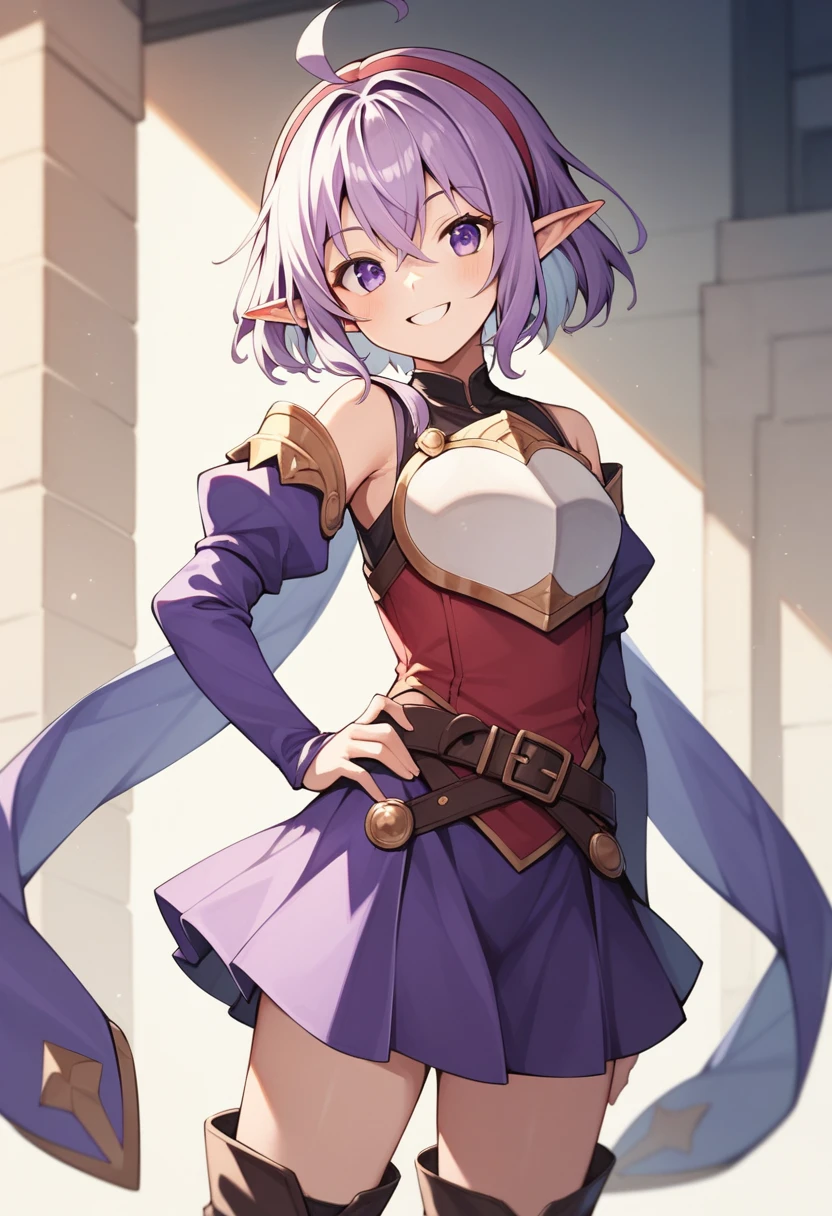 masterpiece,Highest quality,High resolution,Super detailed,courage \(star\),Pointed Ears,lupong hair,Ahoge,Red Hairband,leotard,breastplate,armor,Purple sleeves,Removable sleeves,紫色のhand袋,指なしhand袋,belt,lupong skirt,(Purple Skirt:1.2),boots,Outdoor,Are standing,smile,Cowboy Shot,hand_upon_Hip,