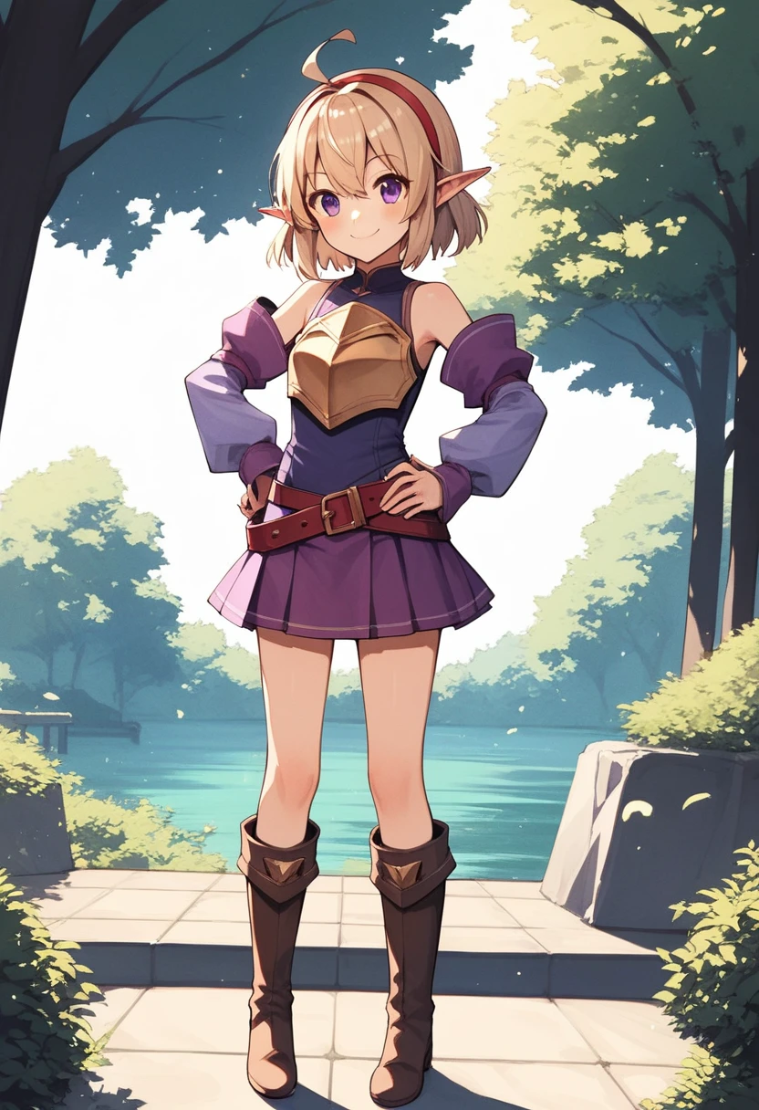 masterpiece,Highest quality,High resolution,Super detailed,courage \(star\),Pointed Ears,lupong hair,Ahoge,Red Hairband,leotard,breastplate,armor,Purple sleeves,Removable sleeves,紫色のhand袋,指なしhand袋,belt,lupong skirt,(Purple Skirt:1.2),boots,Outdoor,Are standing,smile,Cowboy Shot,hand_upon_Hip,