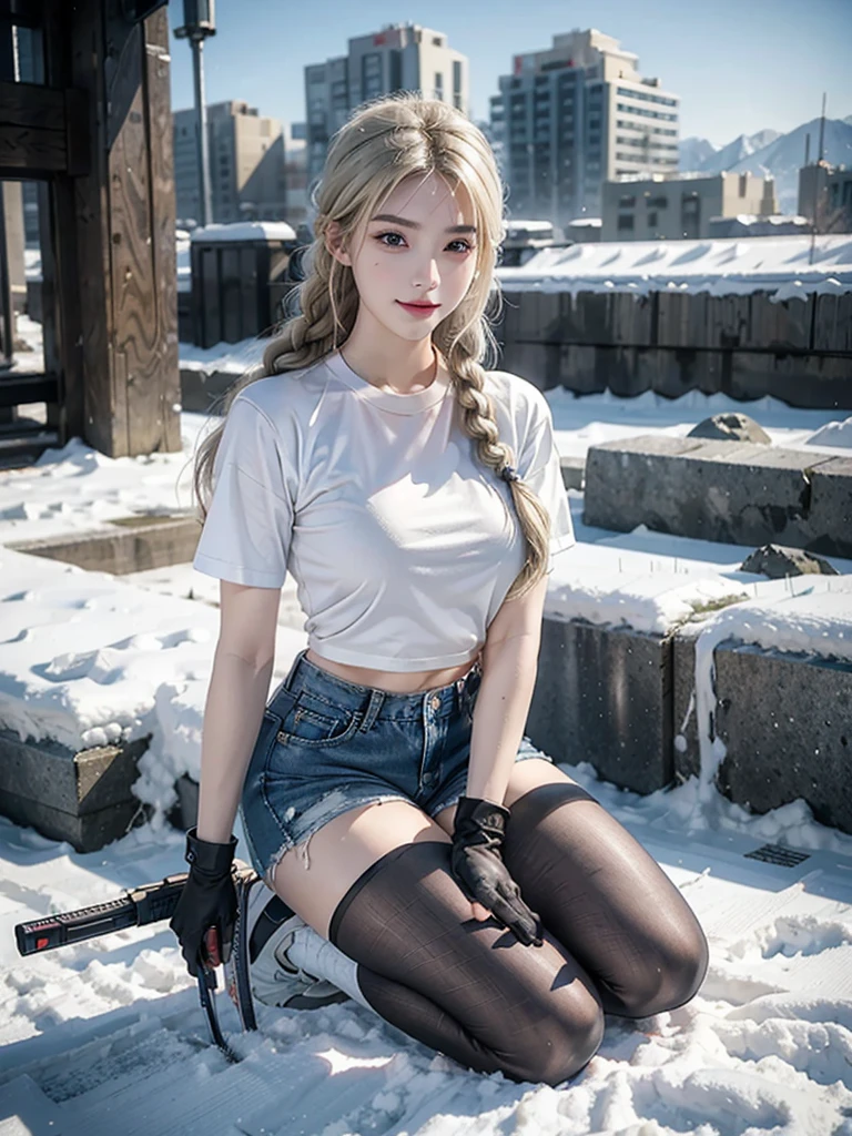 (8K,original photo,Top quality,masterpiece:1.2),(realism,摄影realism:1.37),Ultra Detailed,Ultra-high resolution,Wearing white short-sleeved shirt with exposed belly,Blue denim super shorts,Beautiful ass,Hourglass figure,Wearing black tactical gloves,sports shoes,blond,blond hair,Close-up of girl with two braids kneeling on snow,Snowfield background,winter,heavy snow,Full body close-up,Facing the audience,Smile,There are many people around,Crowds in the distance,Exploded buildings,Huge explosion,燃烧的fire焰,White skin,Smooth skin,Extremely beautiful face,dynamic,angle,dynamic照明,(Possession of weapons,持有步gun,Purpose,Purpose:1.2),gun,H&k hk416,马gun,fire
