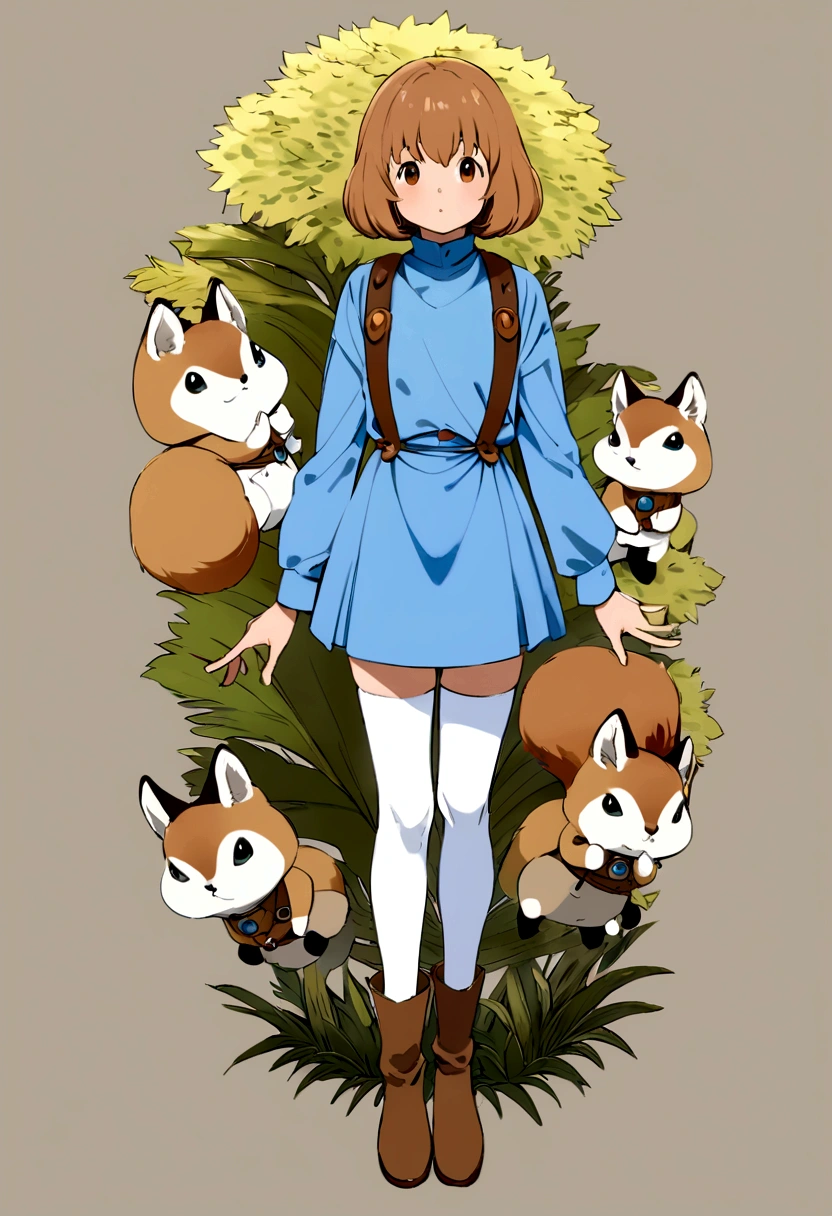 Nausicaa, the main character of Nausicaa of the Valley of the Wind、Brown bob hair、A small fox squirrel on his shoulder、skin is white、The outfit is a blue dress、White thighhighs underneath、The shoes are brown ankle-high boots.、whole body、Real、high resolution