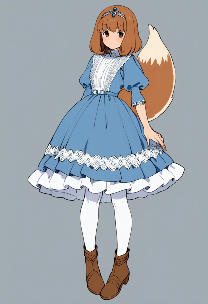 Nausicaa, the main character of Nausicaa of the Valley of the Wind、Brown bob hair、A small fox squirrel on his shoulder、skin is white、The outfit is a blue dress、White thighhighs underneath、The shoes are brown ankle-high boots.、whole body、Real、high resolution