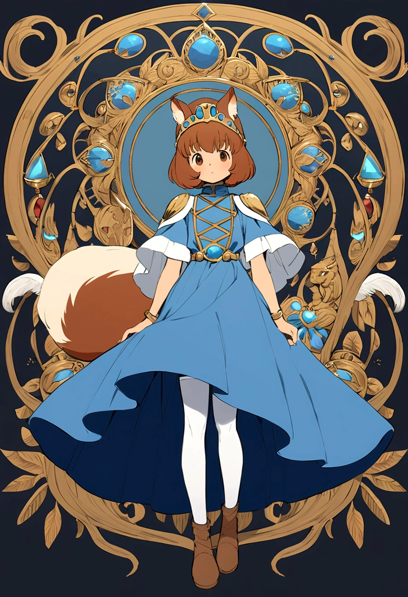 Nausicaa, the main character of Nausicaa of the Valley of the Wind、Brown bob hair、A small fox squirrel on his shoulder、skin is white、The outfit is a blue dress、White thighhighs underneath、The shoes are brown ankle-high boots.、whole body、Real、high resolution