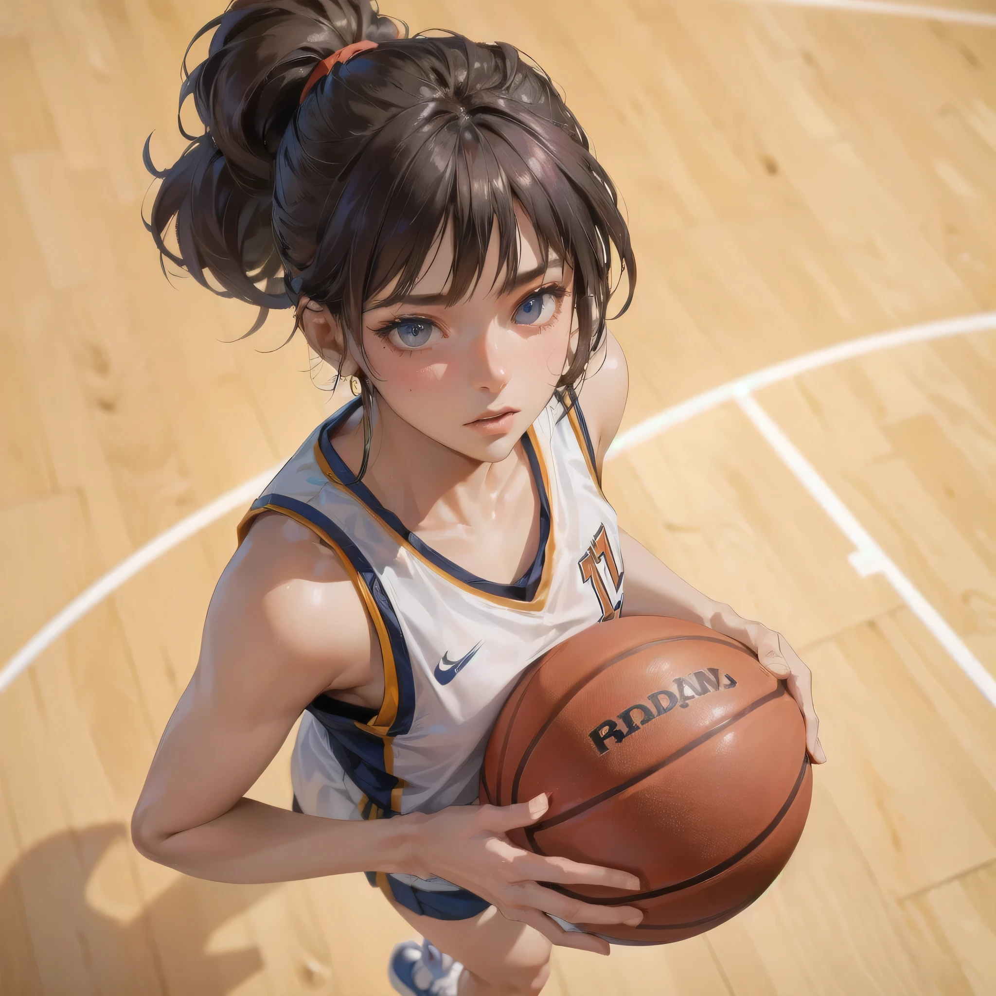 masterpiece, (textured skin), best quality, gorgeous beautiful girl, (a female basketball athlete), detailed clothes,large breasts,narrow waist,, (beautiful face), cinematic lighting, (at basketball venue ),