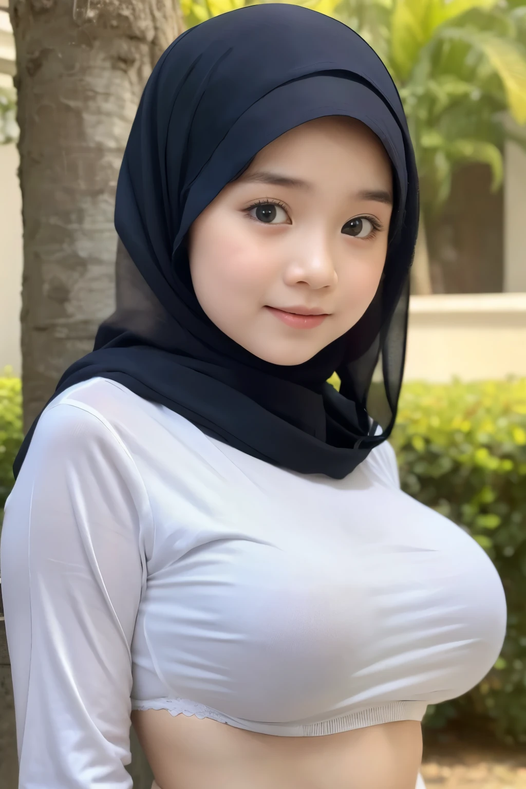 (Undress Bra), Chubby adorable, 1 girl, (face to face), , baby face, happy, half body portrait, (face details: 1), (eye details: 1), ((big breasts)). wearing transparent transparency soft soft long shirt, hijab, .. Cute posed. proportional body. Ultra High Res. realistic: 1.4, UHD, (floral pattern), view from side seductive pose
