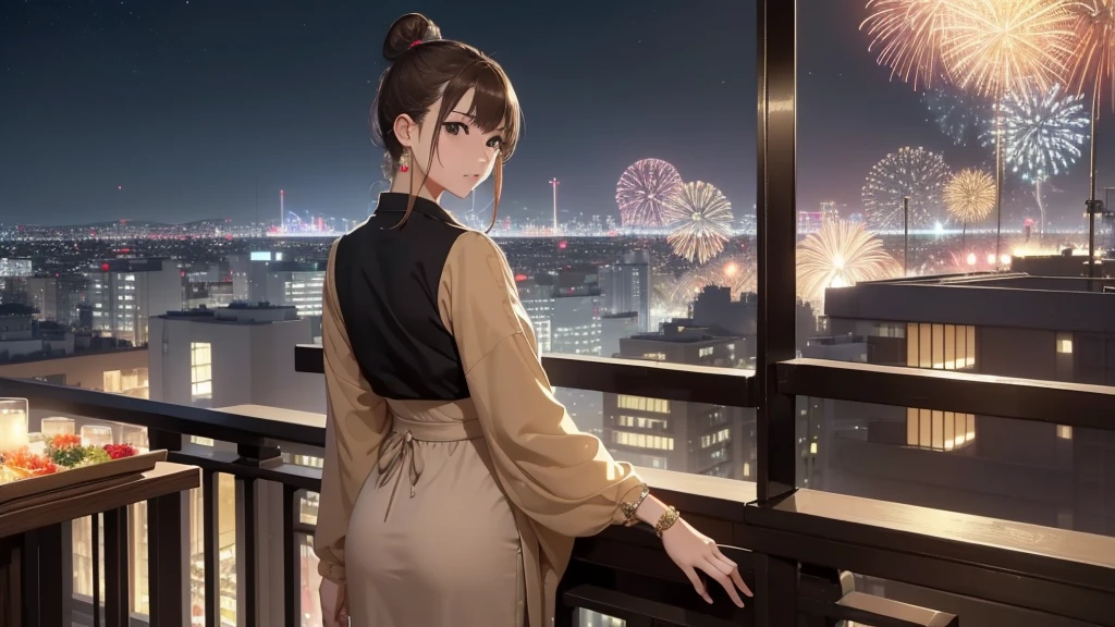 (Very detailed,High resolution,masterpiece:1.2)Night view from the balcony or terrace of a high-rise apartment building in Japan, You can see big fireworks。 Focus on women in their 20s to 40s with calm expressions. Light brown hair. She is wearing a jacket over a long-sleeved top.、Earring Accessories, bracelet, clock. .(Highest quality:1.2), Very detailed, High resolution, Tabletop:1,2, Vibrant colors, Bokeh, Professional Lighting, Physically Based Rendering, Flat Color:0.8, Fine 図, Realistic:1.37, Shinkai Makoto style, Your name style, Light brown hair, Elegant update,ponytail,Hair Bun。。(masterpiece: 1,2)、(masterpiece: 1,2)、High resolution、超High resolution、Highest quality、High resolution、