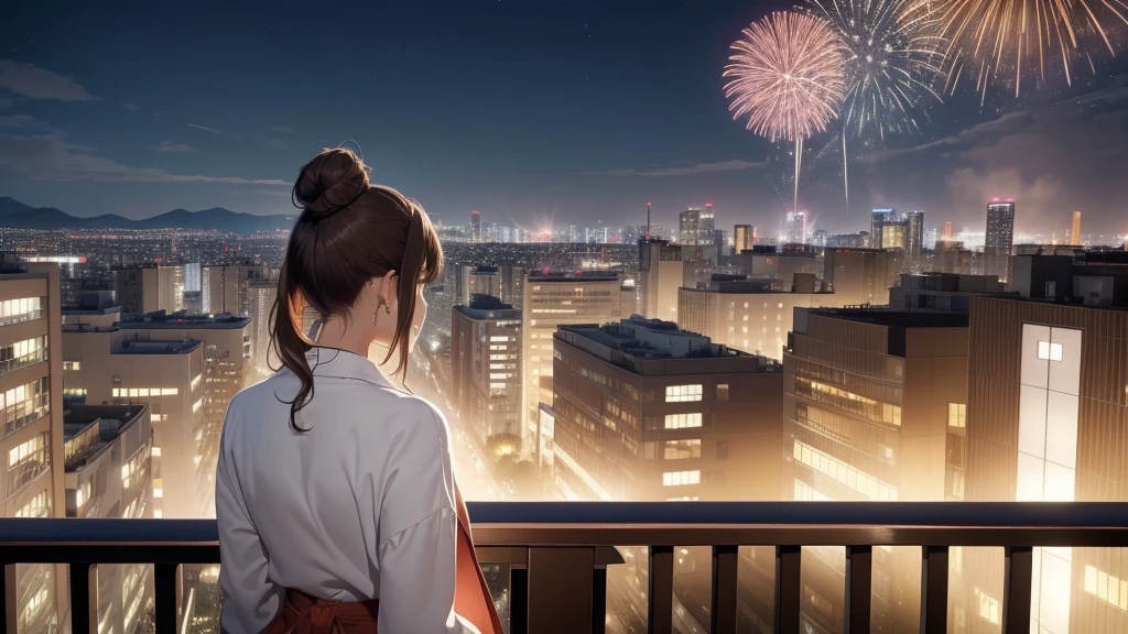 (Very detailed,High resolution,masterpiece:1.2）Night view from the balcony or terrace of a high-rise apartment building in Japan, You can see big fireworks。 Focus on women in their 20s to 40s with calm expressions. Light brown hair. She is wearing a jacket over a long-sleeved top.、Earring Accessories, bracelet, clock. .(Highest quality:1.2), Very detailed, High resolution, Tabletop:1,2, Vibrant colors, Bokeh, Professional Lighting, Physically Based Rendering, Flat Color:0.8, Fine 図, Realistic:1.37, Shinkai Makoto style, Your name style, Light brown hair, Elegant update,ponytail,Hair Bun。。(masterpiece: 1,2)、(masterpiece: 1,2)、High resolution、超High resolution、Highest quality、High resolution、