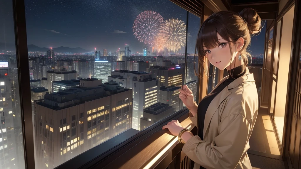 (Very detailed,High resolution,masterpiece:1.2)Night view from the balcony or terrace of a high-rise apartment building in Japan, You can see big fireworks。 Focus on women in their 20s to 40s with calm expressions. Light brown hair. She is wearing a jacket over a long-sleeved top.、Earring Accessories, bracelet, clock. .(Highest quality:1.2), Very detailed, High resolution, Tabletop:1,2, Vibrant colors, Bokeh, Professional Lighting, Physically Based Rendering, Flat Color:0.8, Fine 図, Realistic:1.37, Shinkai Makoto style, Your name style, Light brown hair, Elegant update,ponytail,Hair Bun。。(masterpiece: 1,2)、(masterpiece: 1,2)、High resolution、超High resolution、Highest quality、High resolution、