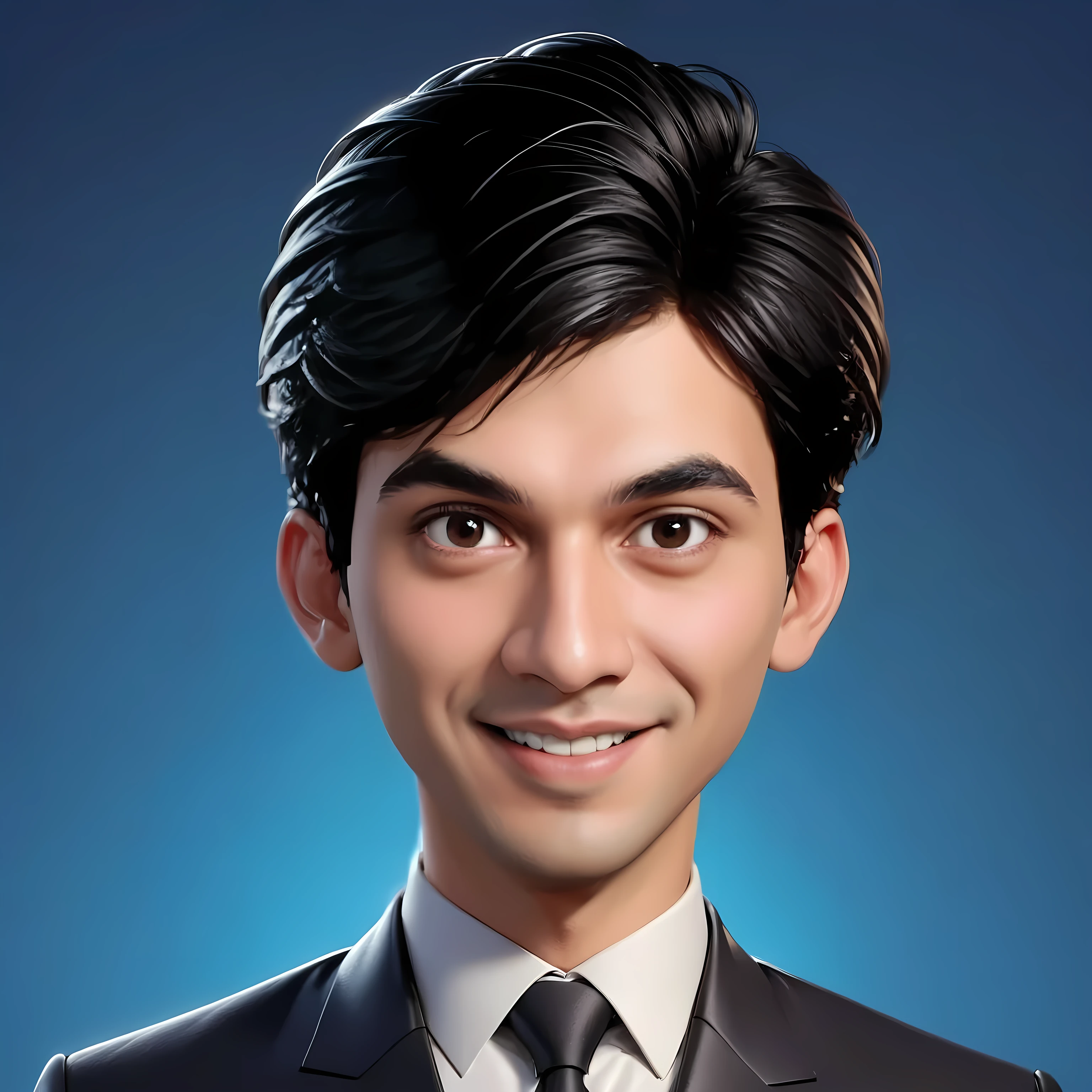 Create a full body portrait of cartoonish caricature 3D animation of a big-headed facing straight to the camera. a 25 years old Pakistani businessman. He has short black pixie cut hair. His face is oval with smooth lines, thick and neat black eyebrows, normal eyes, a small, sharp nose, and thin lips with a wide, friendly smile. He wore a black double breasted suit. Gradient blue background. masterpiece, top quality, highly detailed skin and face, ultra-realistic, high definition, sharp focus, Concept Art. Front facing, medium wide angle shot, in a office environment.
