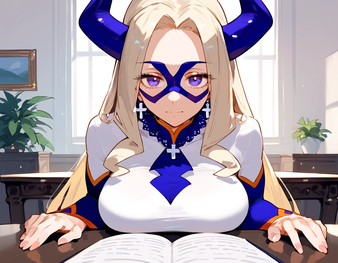 anime artwork, score_9, score_8_up, score_7_up, score_6_up, score_5_up, score_4_up, Mount Lady, blonde hair, purple eyes, big breasts, she is 24 years old, style_3, ,simple outfit, , , , , _,  pov, we are on the date, at table, restarount, 