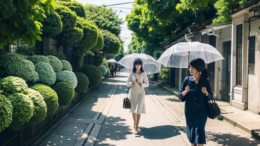 There is a woman walking with an umbrella on a street full of hydrangeas.