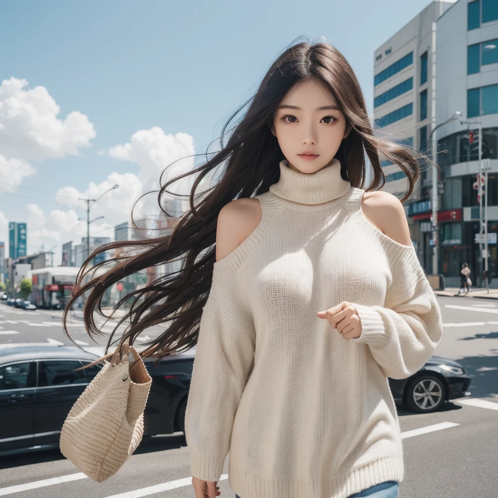 (huge tit、Turtleneck Knitwear、Shoulder bag)、(highest quality,masterpiece:1.3,超A high resolution,),(super detailed,caustics),(Photoreal:1.4,RAW shooting,)ultra-realistic capture,very detailed,High definition 16K for human skin、 Natural skin texture、、Skin looks even-toned and healthy、 Use natural light and color,one woman,25 years old Japanese,,cute,black haired,middle hair,(Depth of the bounds written、chromatic aberration、、wide range of lighting、natural shading、)、(hair swaying in the wind:1.2)、Tokyo cityscape