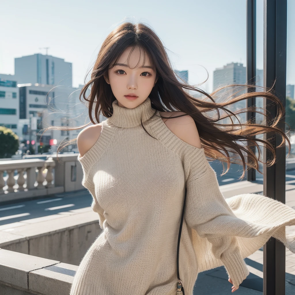 (huge tit、Turtleneck Knitwear、Shoulder bag)、(highest quality,masterpiece:1.3,超A high resolution,),(super detailed,caustics),(Photoreal:1.4,RAW shooting,)ultra-realistic capture,very detailed,High definition 16K for human skin、 Natural skin texture、、Skin looks even-toned and healthy、 Use natural light and color,one woman,25 years old Japanese,,cute,black haired,middle hair,(Depth of the bounds written、chromatic aberration、、wide range of lighting、natural shading、)、(hair swaying in the wind:1.2)、Tokyo cityscape