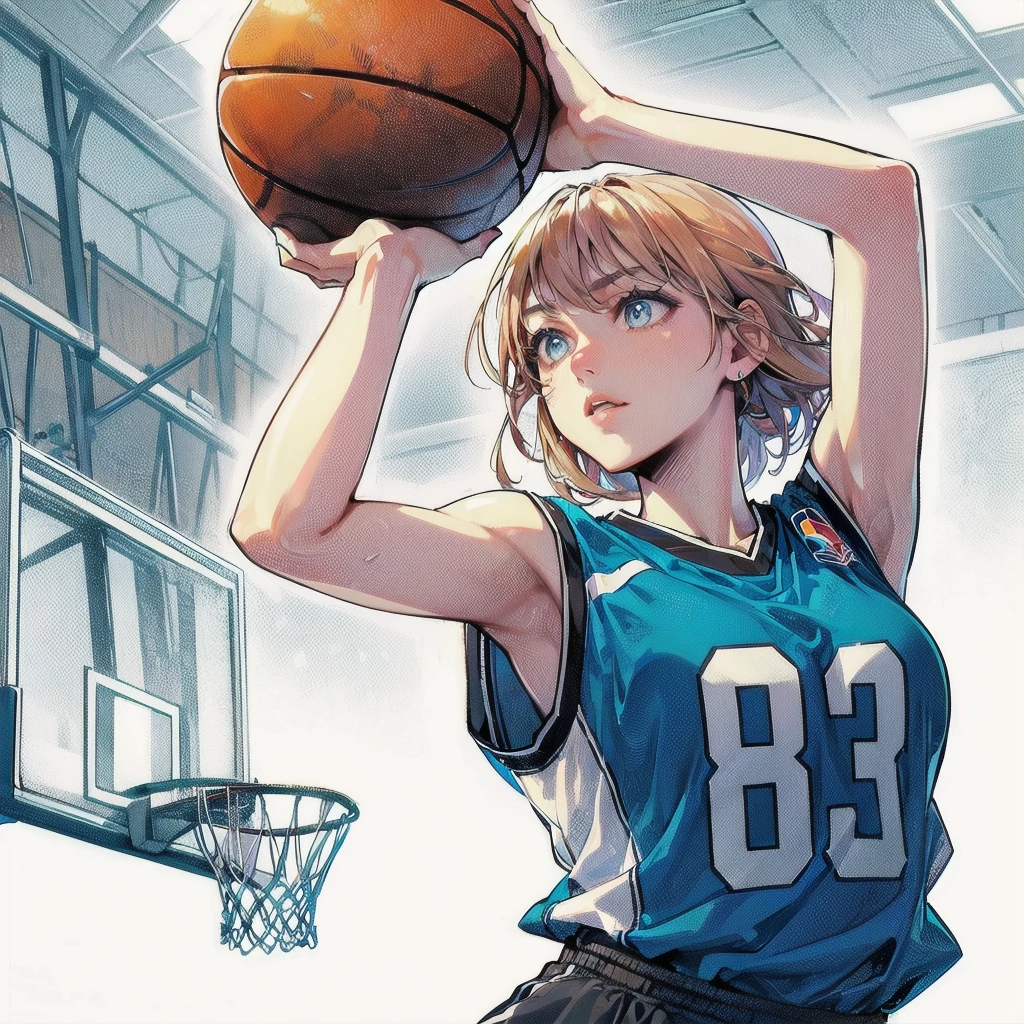 masterpiece, (textured skin), best quality, gorgeous beautiful girl, (a female basketball athlete), detailed clothes,large breasts,narrow waist,, (beautiful face), cinematic lighting, (at basketball venue ),