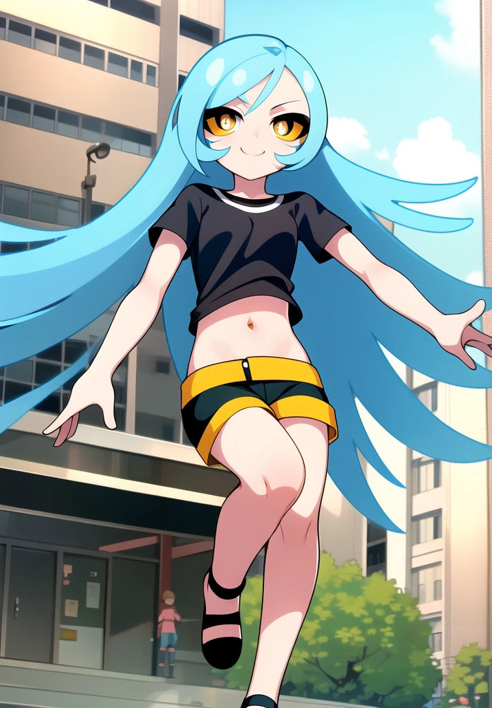 ((blue hair)), ((long hair)), smile, chibi, full body,1girl, (( yellow eyes )), Black short-sleeved shirt showing off your stomach, black shorts