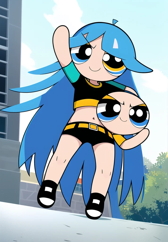 ((blue hair)), ((long hair)), smile, chibi, full body,1girl, (( yellow eyes )), Black short-sleeved shirt showing off your stomach, black shorts