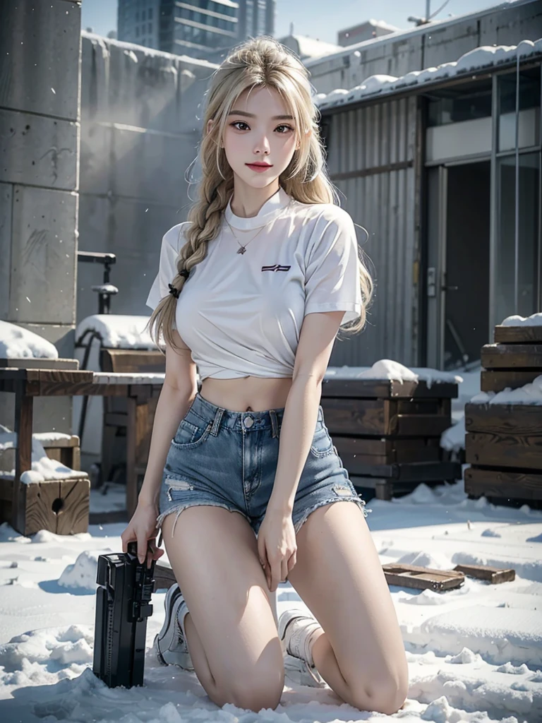 (8K,original photo,Top quality,masterpiece:1.2),(realism,摄影realism:1.37),Ultra Detailed,Ultra-high resolution,Wearing white short-sleeved shirt with exposed belly,Blue denim super shorts,Beautiful ass,Hourglass figure,Wearing black tactical gloves,sports shoes,blond,blond hair,Close-up of girl with two braids kneeling on snow,Snowfield background,winter,heavy snow,Full body close-up,Facing the audience,Smile,There are many people around,Crowds in the distance,Exploded buildings,Huge explosion,燃烧的fire焰,White skin,Smooth skin,Extremely beautiful face,dynamic,angle,dynamic照明,(Possession of weapons,持有步gun,Purpose,Purpose:1.2),gun,H&k hk416,马gun,fire