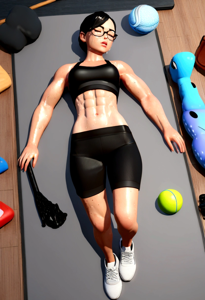 1girl, glasses, closed eyes, full lips, She's doing abs, like disney Cartoon, she's sweaty, six pack, abdomen, black sport shorts, black sport top, muscles, white tennis shoes, working out, lying on the floor, pixar, 3d, disney, full body, dead