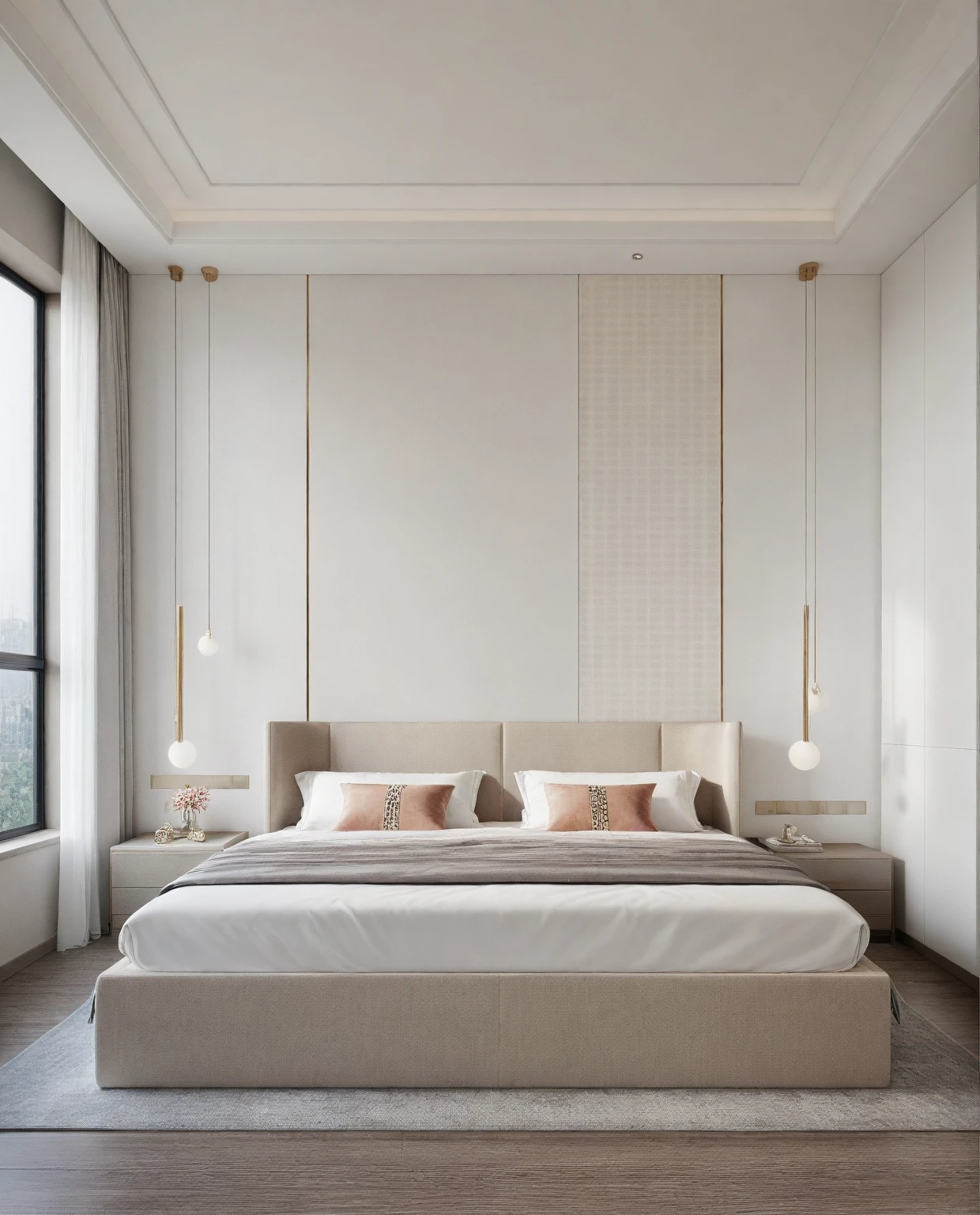 ,Masterpiece, Best quality,8K, Ultra-high resolution,When you step into the ((BEDROOM: 1.3)) ,Immediately surrounded by a rich atmosphere of luxury. The space was covered with a soft white fluffy blanket,It is so comfortable,So much so that you can't help but indulge in it。Embellished with precious porcelain and white-off Copper COLOR ornaments。Whenever it is late afternoon,The afterglow from the window spilled on the floor,Soft light and shadow are reflected,It was as if entering a dreamland.
